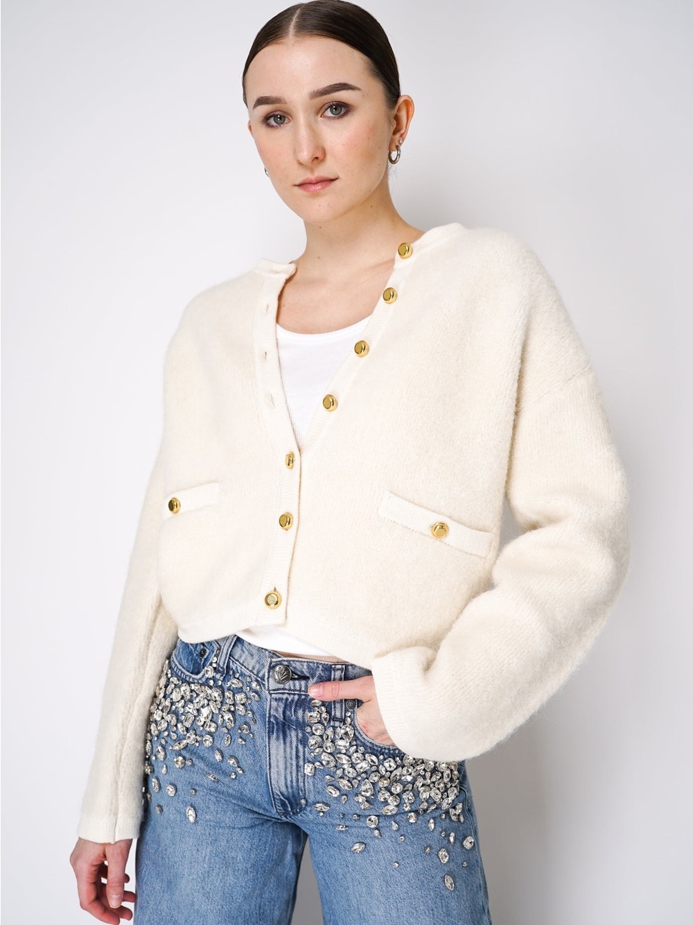 The Rag & Bone Kaia Boucle Cardigan in Ivory Size L